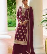 Maroon chiffon sequins work semi stitched salwar suits suits size up to 42