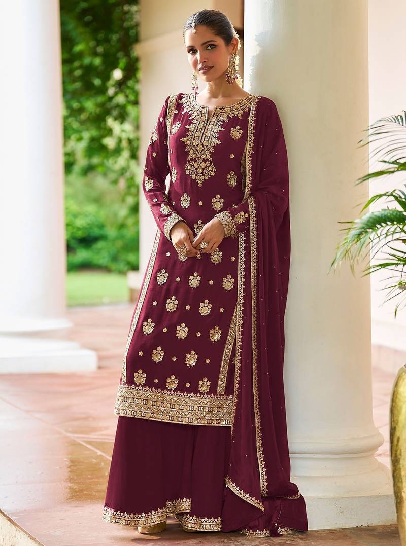 Maroon chiffon sequins work semi stitched salwar suits suits size up to 42