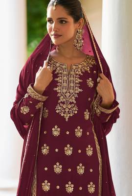 Maroon chiffon sequins work semi stitched salwar suits suits size up to 42 2