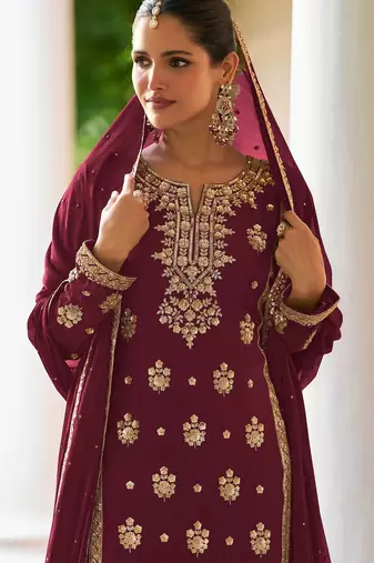 Maroon chiffon sequins work semi stitched salwar suits suits size up to 42