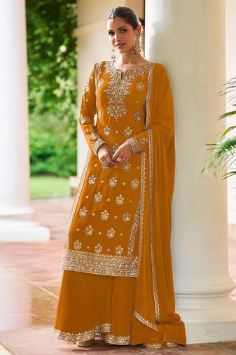 Mustard chiffon sequins work semi stitched salwar suits suits size up to 42