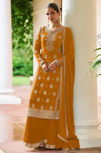 Mustard chiffon sequins work semi stitched salwar suits suits size up to 42
