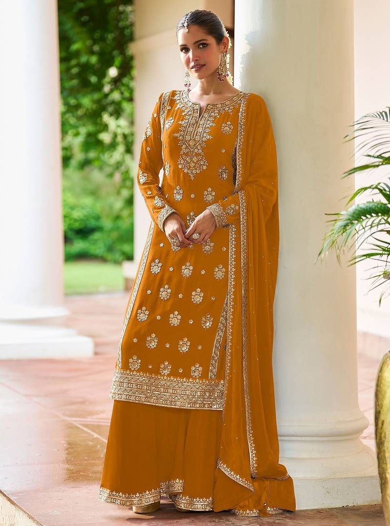 Mustard chiffon sequins work semi stitched salwar suits suits size up to 42