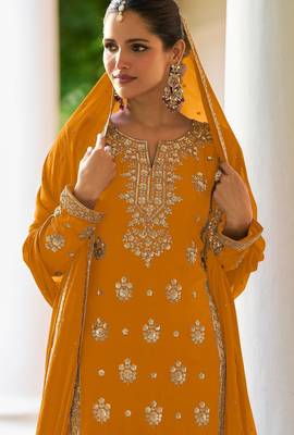 Mustard chiffon sequins work semi stitched salwar suits suits size up to 42 2