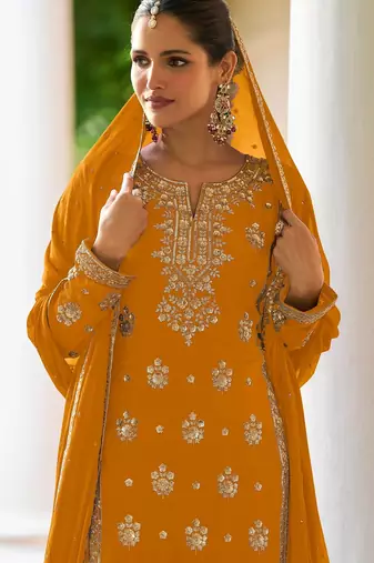 Mustard chiffon sequins work semi stitched salwar suits suits size up to 42