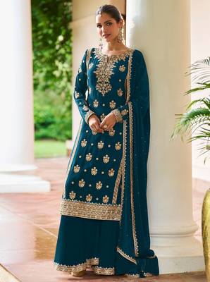 Teal blue chiffon sequins work semi stitched salwar suits suits size up to 42 1