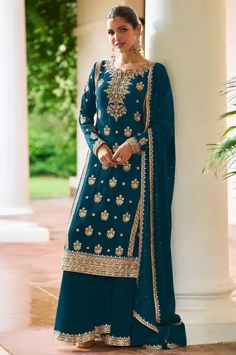 Teal blue chiffon sequins work semi stitched salwar suits suits size up to 42