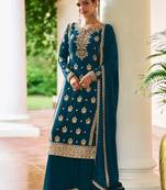 Teal blue chiffon sequins work semi stitched salwar suits suits size up to 42