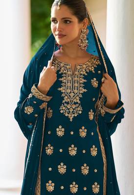 Teal blue chiffon sequins work semi stitched salwar suits suits size up to 42 2