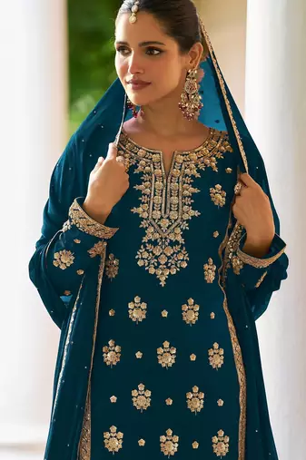 Teal blue chiffon sequins work semi stitched salwar suits suits size up to 42