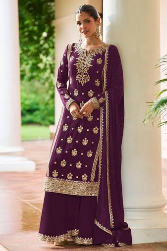 Purple chiffon sequins work semi stitched salwar suits suits size up to 42