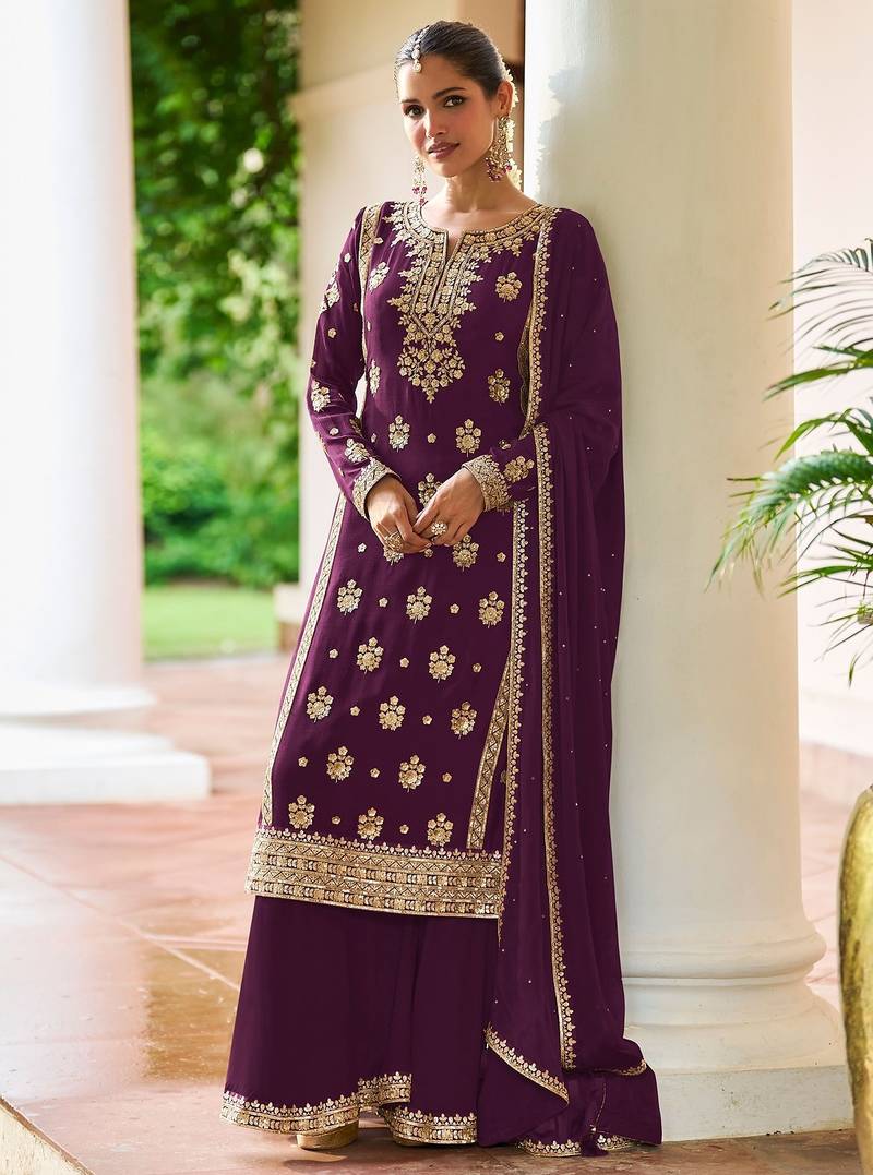Purple chiffon sequins work semi stitched salwar suits suits size up to 42