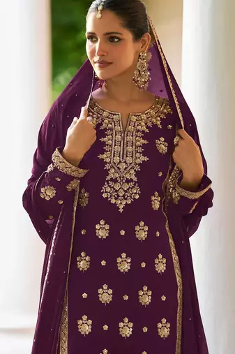 Purple chiffon sequins work semi stitched salwar suits suits size up to 42
