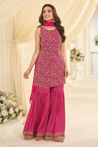 Pink georgette sequins work semi stitched salwar suits suits size up to 42