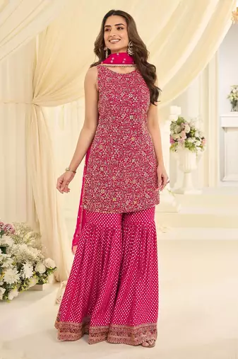 Pink georgette sequins work semi stitched salwar suits suits size up to 42