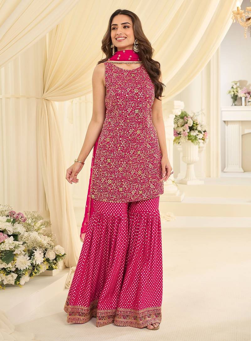 Pink georgette sequins work semi stitched salwar suits suits size up to 42