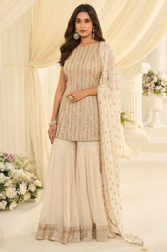 Cream georgette sequins work semi stitched salwar suits suits size up to 42
