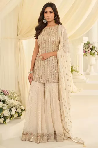 Cream georgette sequins work semi stitched salwar suits suits size up to 42