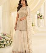 Cream georgette sequins work semi stitched salwar suits suits size up to 42