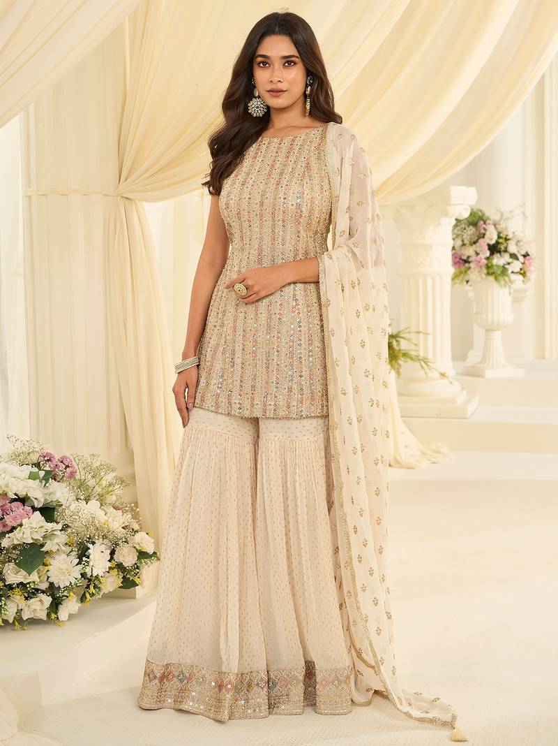 Cream georgette sequins work semi stitched salwar suits suits size up to 42