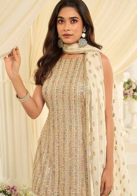 Cream georgette sequins work semi stitched salwar suits suits size up to 42 2