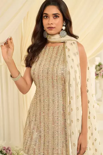 Cream georgette sequins work semi stitched salwar suits suits size up to 42