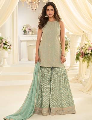 Sea green georgette sequins work semi stitched salwar suits suits size up to 42 1