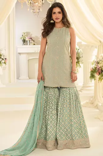 Sea green georgette sequins work semi stitched salwar suits suits size up to 42