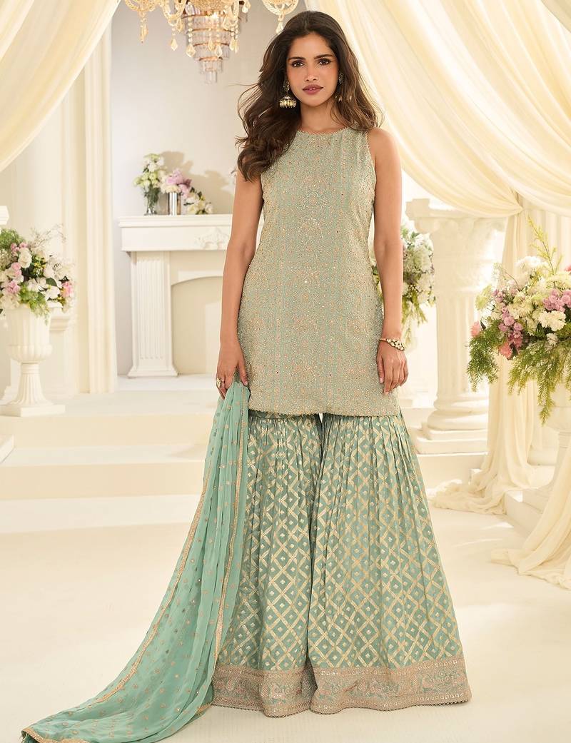 Sea green georgette sequins work semi stitched salwar suits suits size up to 42