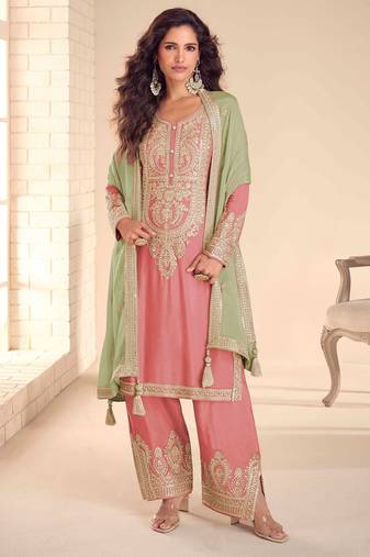 Pink chiffon sequins work semi stitched salwar suits suits size up to 42