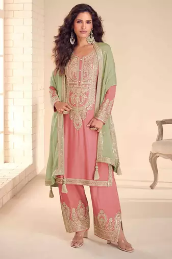 Pink chiffon sequins work semi stitched salwar suits suits size up to 42