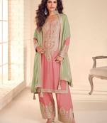Pink chiffon sequins work semi stitched salwar suits suits size up to 42