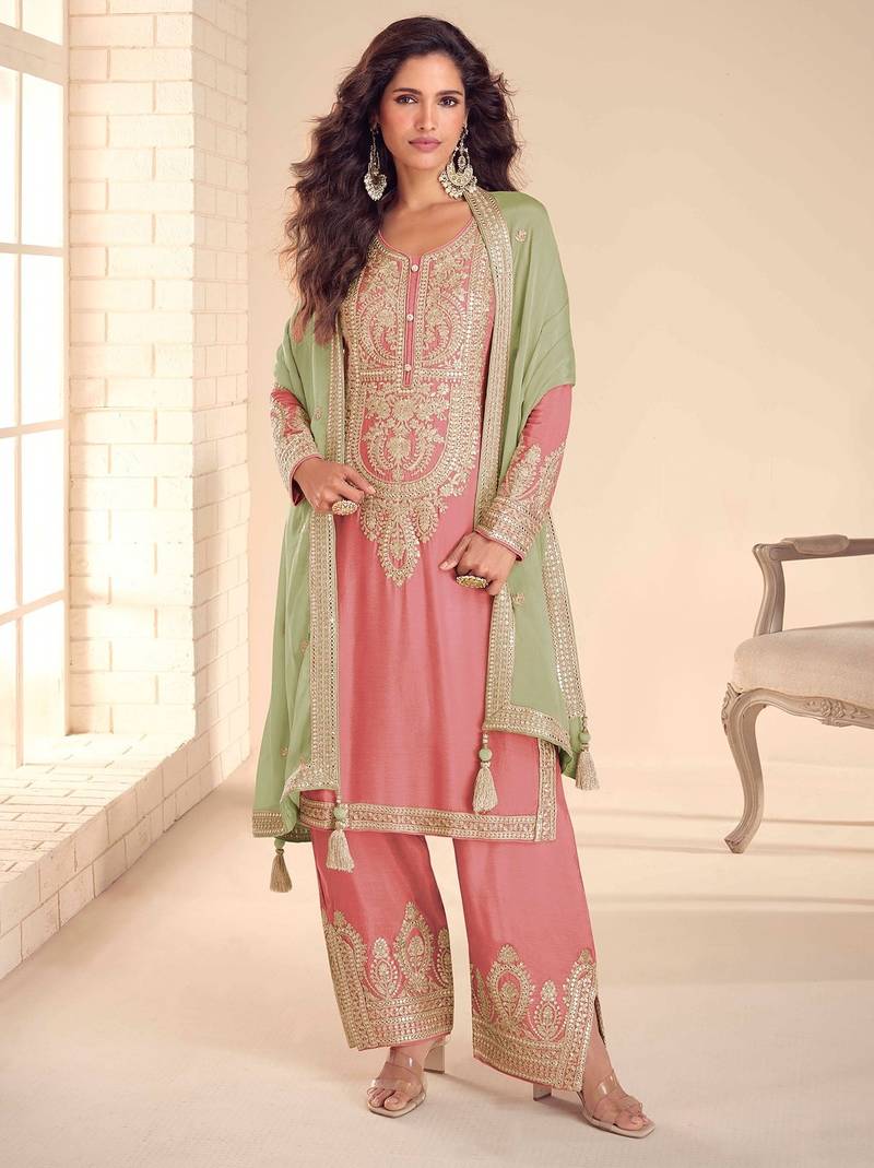 Pink chiffon sequins work semi stitched salwar suits suits size up to 42