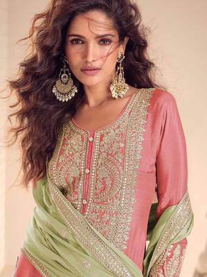 Pink chiffon sequins work semi stitched salwar suits suits size up to 42 2