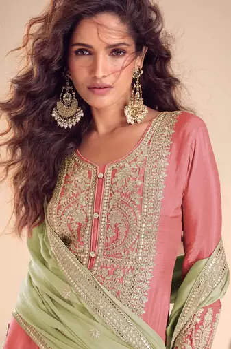 Pink chiffon sequins work semi stitched salwar suits suits size up to 42