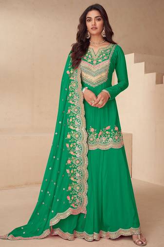Green chiffon sequins work semi stitched salwar suits suits size up to 42