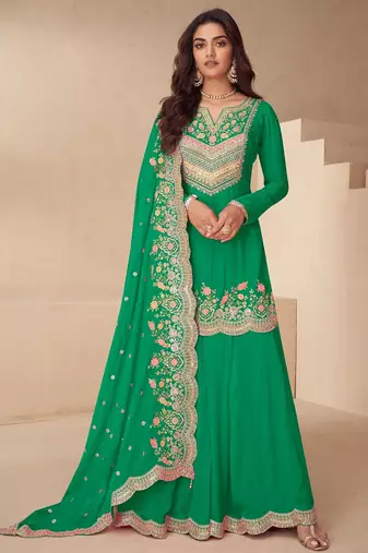 Green chiffon sequins work semi stitched salwar suits suits size up to 42