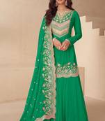Green chiffon sequins work semi stitched salwar suits suits size up to 42