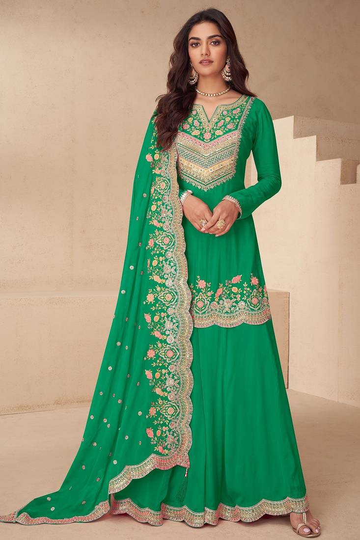 Green chiffon sequins work semi stitched salwar suits suits size up to 42