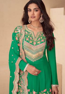 Green chiffon sequins work semi stitched salwar suits suits size up to 42 2
