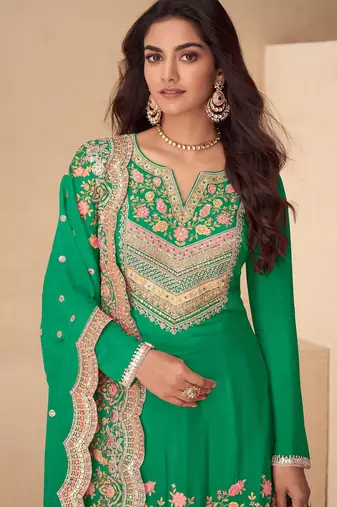 Green chiffon sequins work semi stitched salwar suits suits size up to 42