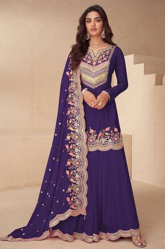 Purple chiffon sequins work semi stitched salwar suits suits size up to 42