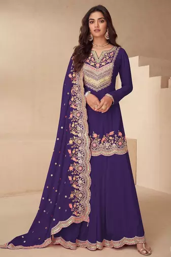 Purple chiffon sequins work semi stitched salwar suits suits size up to 42