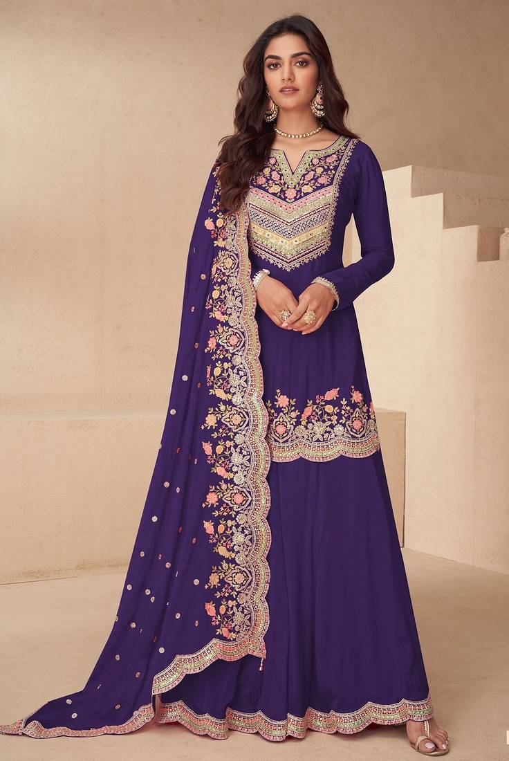 Purple chiffon sequins work semi stitched salwar suits suits size up to 42