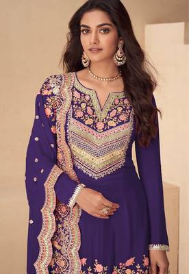 Purple chiffon sequins work semi stitched salwar suits suits size up to 42 2
