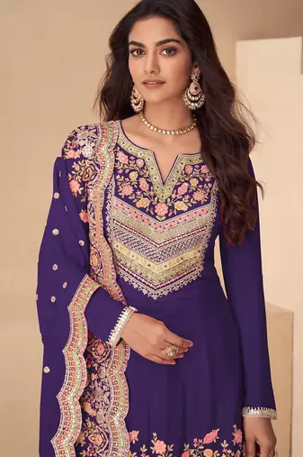 Purple chiffon sequins work semi stitched salwar suits suits size up to 42