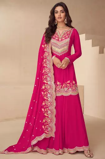 Pink chiffon sequins work semi stitched salwar suits suits size up to 42