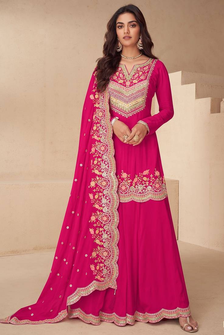 Pink chiffon sequins work semi stitched salwar suits suits size up to 42