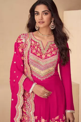 Pink chiffon sequins work semi stitched salwar suits suits size up to 42