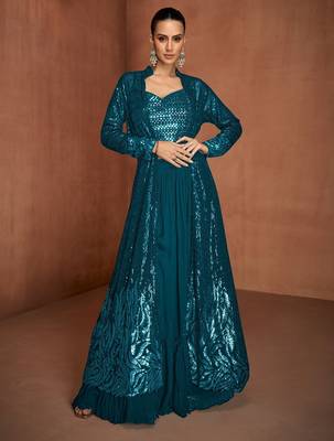 Blue georgette sequins work semi stitched salwar suits suits size up to 42 1